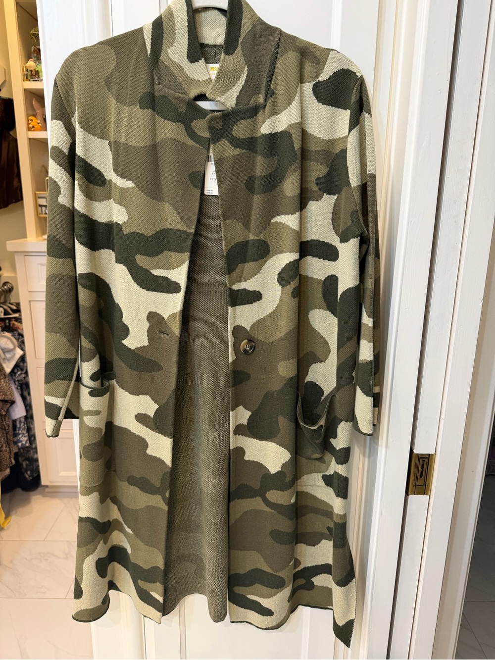 Anthropologie Olive & Cream Camo Open-Front Coat